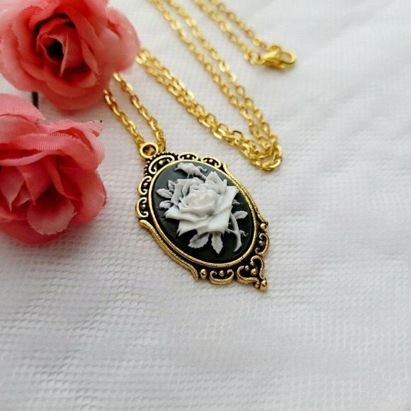 Gray Rose Goth Victorian Gold Necklace Cameo Punk - Picture 3 of 4